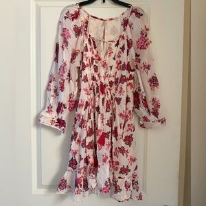 Free People White Floral Boho Dress with Pink and Red Blossoms